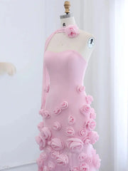 Elegant Pink Rose Prom Dresses Flower Blossom Sheath Formal Dress Strapless BD037