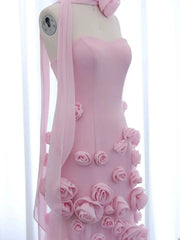 Elegant Pink Rose Prom Dresses Flower Blossom Sheath Formal Dress Strapless BD037