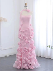 Elegant Pink Rose Prom Dresses Flower Blossom Sheath Formal Dress Strapless BD037
