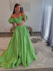 Elegant Two-Piece Satin Prom Dress with Slit & Puffed Sleeves – Style FD5168
