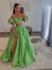 Elegant Two-Piece Satin Prom Dress with Slit & Puffed Sleeves – Style FD5168
