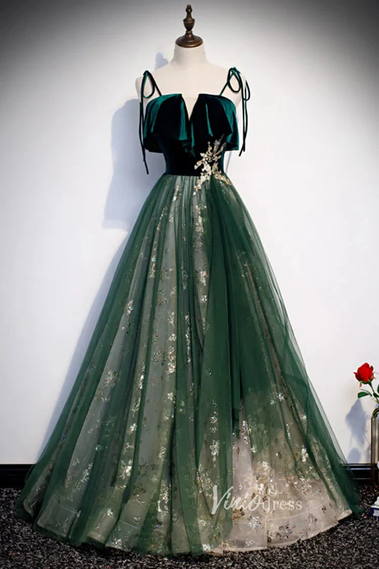 Emerald Green Long Prom Dresses Shiny Lace Formal Dress FD2626