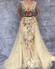 Floral Mermaid Prom Dress with Tulle Overskirt Formal Dress FD2782