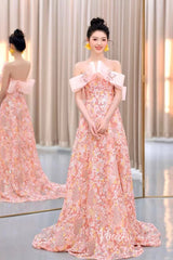 Floral Pink Wedding Dress Off the Shoulder Sparkly Sequin Prom Dresses 90001
