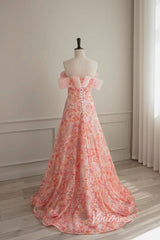 Floral Pink Wedding Dress Off the Shoulder Sparkly Sequin Prom Dresses 90001