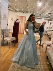 Glittery Silver and Blue Long Prom Dresses with Pockets FD2534