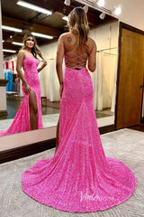 Hot Pink Sequin Prom Dresses with Slit, Lace-up Back, Spaghetti Strap Formal Dresses FD1438