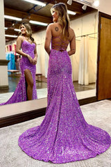 Hot Pink Sequin Prom Dresses with Slit, Lace-up Back, Spaghetti Strap Formal Dresses FD1438