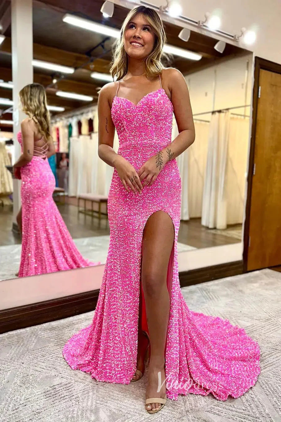 Hot Pink Sequin Prom Dresses with Slit, Lace-up Back, Spaghetti Strap Formal Dresses FD1438