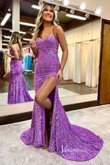 Hot Pink Sequin Prom Dresses with Slit, Lace-up Back, Spaghetti Strap Formal Dresses FD1438