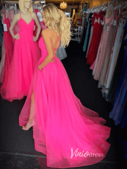 Lace-up Back Fuchsia Pink Long Prom Dress with Pockets & Slit FD2544B