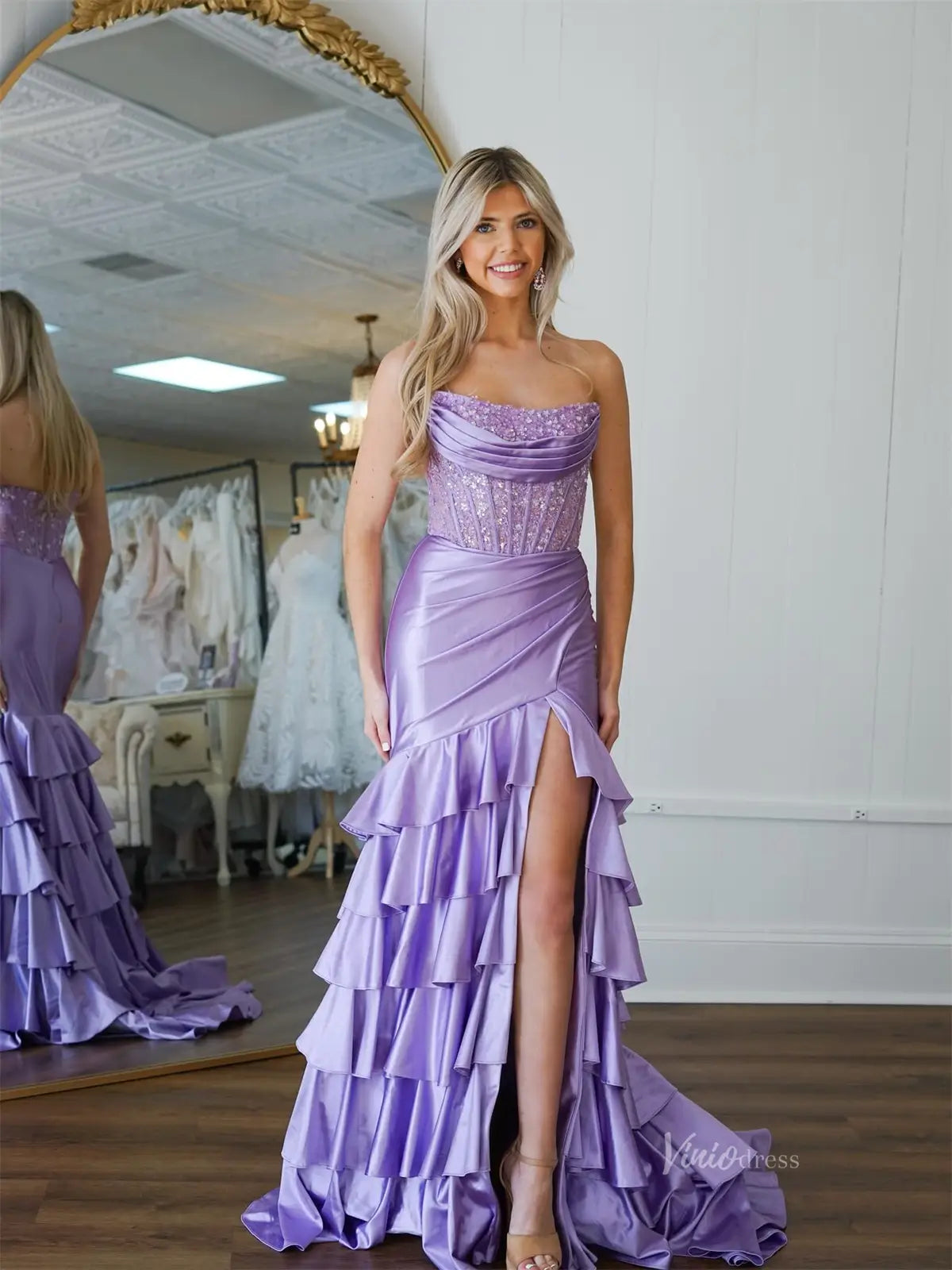 Lavender Satin Mermaid Prom Dresses with Slit, Beaded Bodice & Tiered Bottom - FD3755