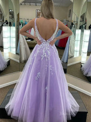 Lavender Sparkly Tulle Lace Prom Dresses with Plunging V-Neck & Open Back - FD5152