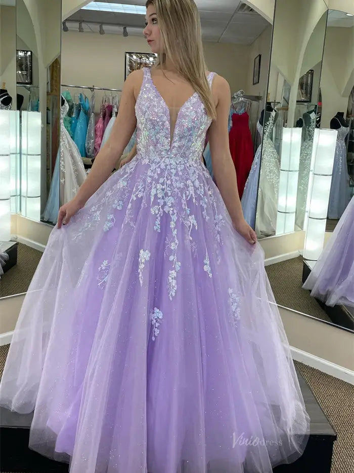 Lavender Sparkly Tulle Lace Prom Dresses with Plunging V-Neck & Open Back - FD5152