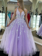 Lavender Sparkly Tulle Lace Prom Dresses with Plunging V-Neck & Open Back - FD5152