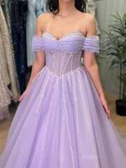 Lavender Sparkly Tulle Prom Dresses with Beaded Sweetheart Neck - FD5141