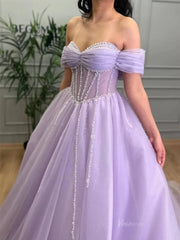 Lavender Sparkly Tulle Prom Dresses with Beaded Sweetheart Neck - FD5141