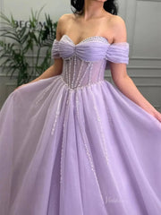 Lavender Sparkly Tulle Prom Dresses with Beaded Sweetheart Neck - FD5141