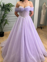 Lavender Sparkly Tulle Prom Dresses with Beaded Sweetheart Neck - FD5141