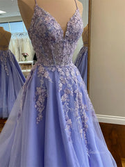 Lavender Sparkly Tulle Prom Dresses with Spaghetti Straps & V-Neck - FD5173