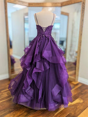 Layered Purple Prom Dresses Spaghetti Strap Ball Gown Lace-up Back FD3756