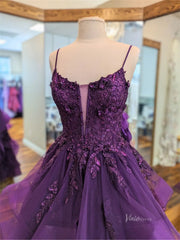 Layered Purple Prom Dresses Spaghetti Strap Ball Gown Lace-up Back FD3756