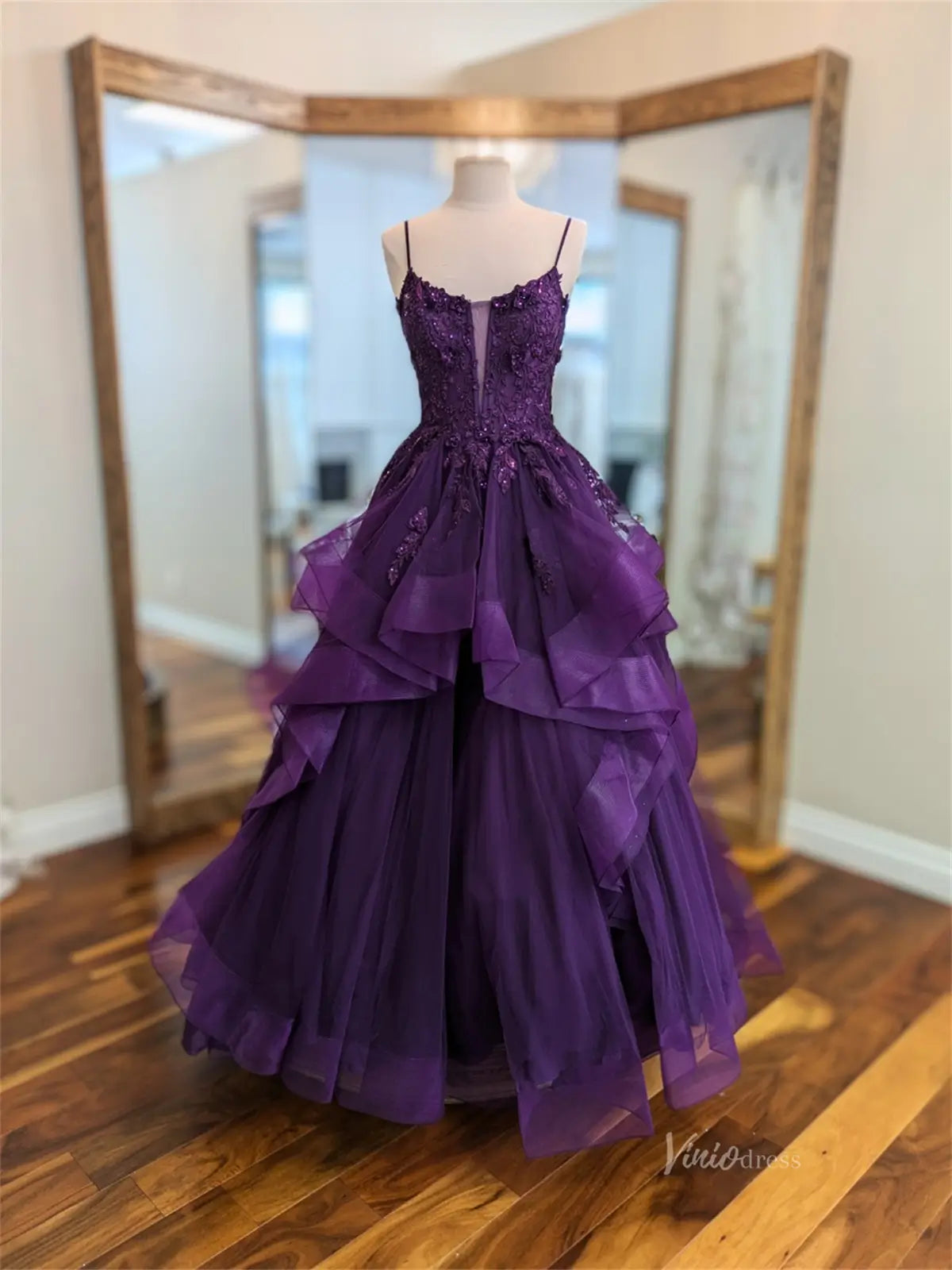 Layered Purple Prom Dresses Spaghetti Strap Ball Gown Lace-up Back FD3756