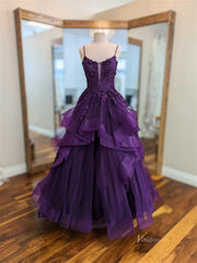 Layered Purple Prom Dresses Spaghetti Strap Ball Gown Lace-up Back FD3756