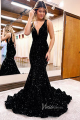 Light Blue Mermaid Sequin Prom Dress Plunging V-Neck Formal Dresses FD2957