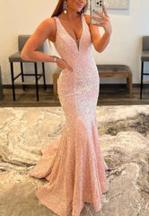Light Blue Mermaid Sequin Prom Dress Plunging V-Neck Formal Dresses FD2957