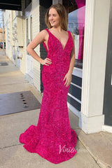 Light Blue Mermaid Sequin Prom Dress Plunging V-Neck Formal Dresses FD2957