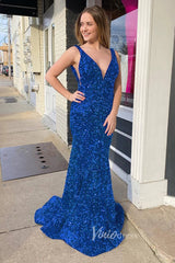 Light Blue Mermaid Sequin Prom Dress Plunging V-Neck Formal Dresses FD2957