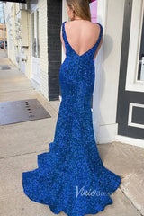 Light Blue Mermaid Sequin Prom Dress Plunging V-Neck Formal Dresses FD2957