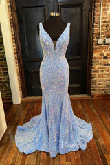 Light Blue Mermaid Sequin Prom Dress Plunging V-Neck Formal Dresses FD2957