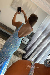 Light Blue Mermaid Sequin Prom Dress Plunging V-Neck Formal Dresses FD2957