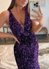Light Blue Mermaid Sequin Prom Dress Plunging V-Neck Formal Dresses FD2957