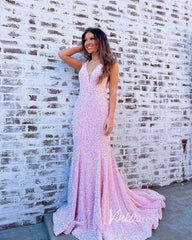 Light Blue Mermaid Sequin Prom Dress Plunging V-Neck Formal Dresses FD2957