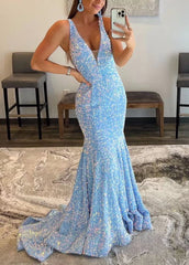Light Blue Mermaid Sequin Prom Dress Plunging V-Neck Formal Dresses FD2957