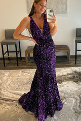 Light Blue Mermaid Sequin Prom Dress Plunging V-Neck Formal Dresses FD2957