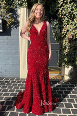 Light Blue Mermaid Sequin Prom Dress Plunging V-Neck Formal Dresses FD2957