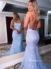 Light Blue Sheath Lace Prom Dress Spaghetti Strap FD1250E