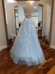 Light Blue Sparkly Lace Prom Dresses with Square Neck & Open Back - FD5166