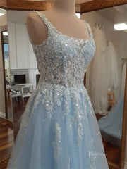 Light Blue Sparkly Lace Prom Dresses with Square Neck & Open Back - FD5166