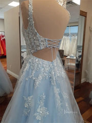 Light Blue Sparkly Lace Prom Dresses with Square Neck & Open Back - FD5166