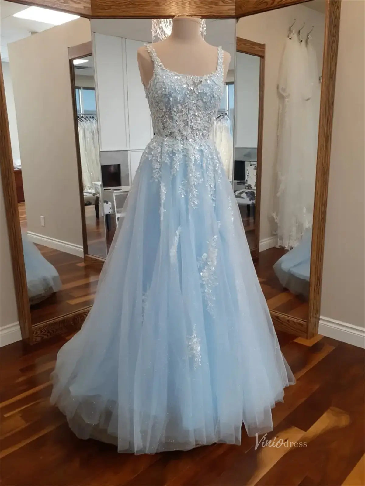 Light Blue Sparkly Lace Prom Dresses with Square Neck & Open Back - FD5166