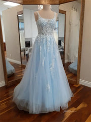 Light Blue Sparkly Lace Prom Dresses with Square Neck & Open Back - FD5166