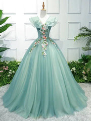 Light Green Floral Sweet 15 Dress Ball Gown Princess Prom Dresses FD1039