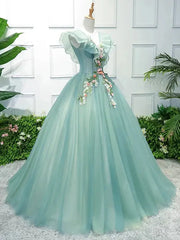Light Green Floral Sweet 15 Dress Ball Gown Princess Prom Dresses FD1039