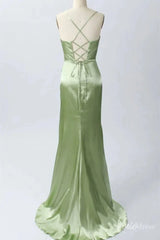 Light Green Satin Prom Dresses with Slit Cowl Neck Spaghetti Strap FD1635