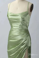 Light Green Satin Prom Dresses with Slit Cowl Neck Spaghetti Strap FD1635